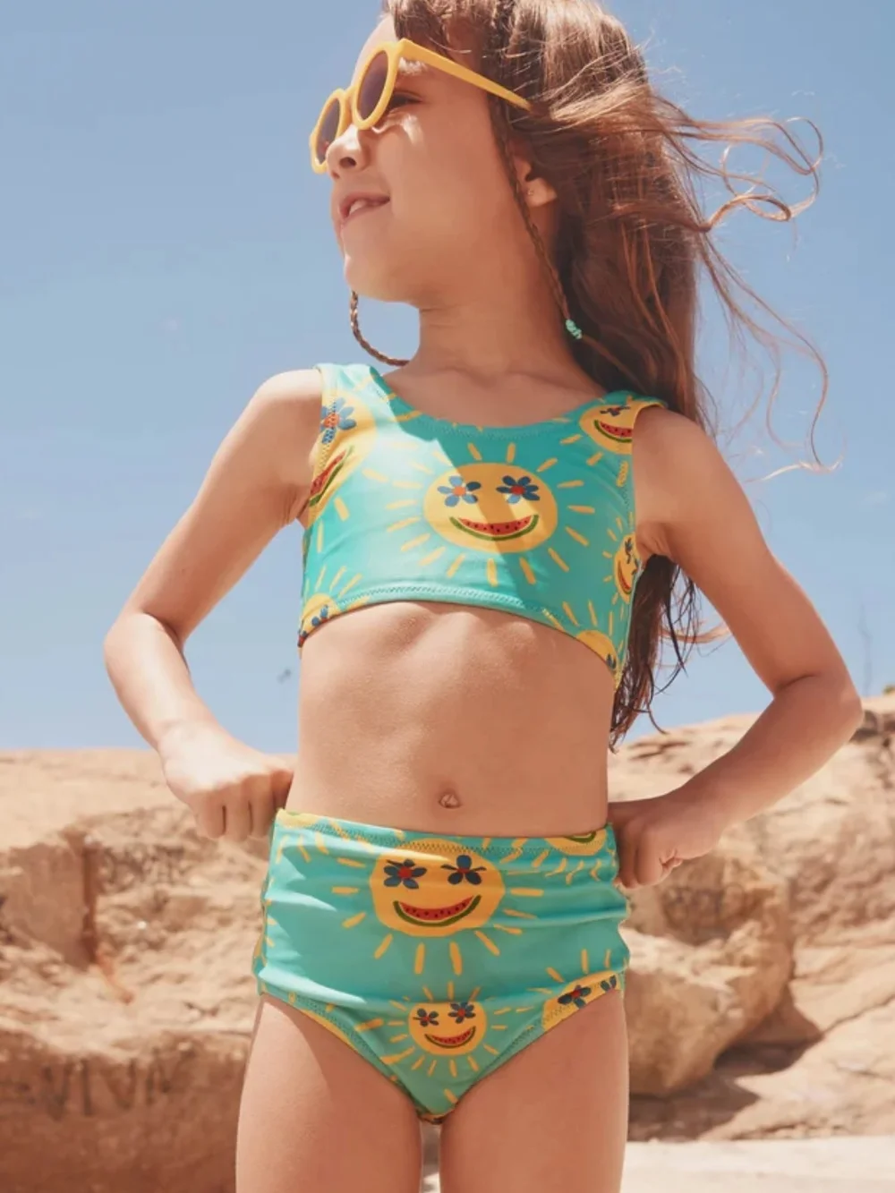 Tea Collection Girls' Yellow Smily Sun, Two-Piece Swim Set - 4T